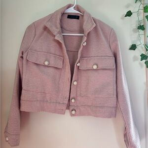 Chic Pink Cropped Blazer with Pearl Buttons
